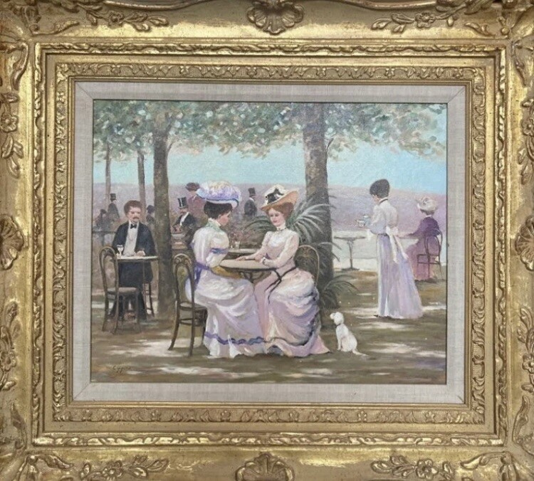E.J Cygne original oil on canvas “Tete a Tete Au Cafe”