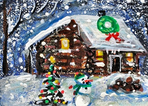ACEO Original Winter XMAS Cabin Tree PAINTING Snow Snowman Holiday Landscape ART