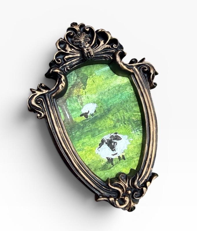Sheep Meadow Landscape watercolor print in mini vintage style ornate frame gallery