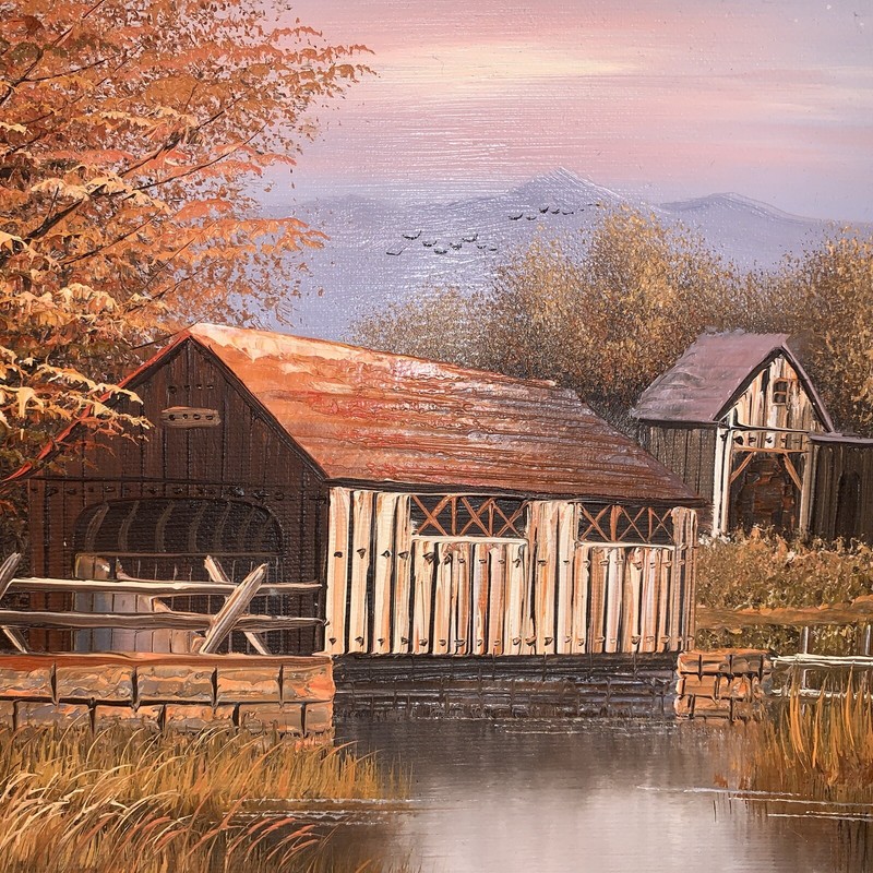K Michaelson Grist Mill Covered Bridge Fall Oil Painting Signed Framed VTG 14X16 gallery