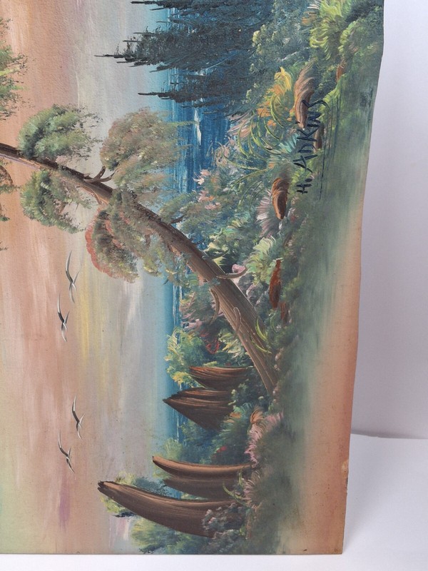Vintage Oil Painting signed H. Adkins Ocean Sea Tropical birds Tree Island Art gallery