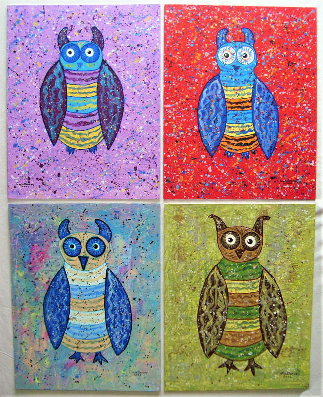Painting Owl Original Andy Warhol Style Funny Owls Signed Art Set Carla Dancey