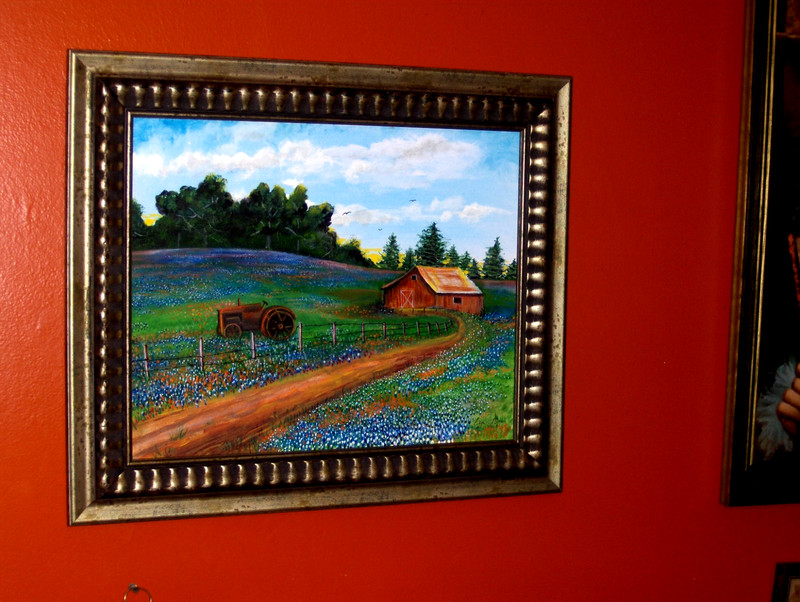 Great ORIGINAL Signed Bluebonnet Landscape Tractor Barn Path Trees Oil Painting gallery