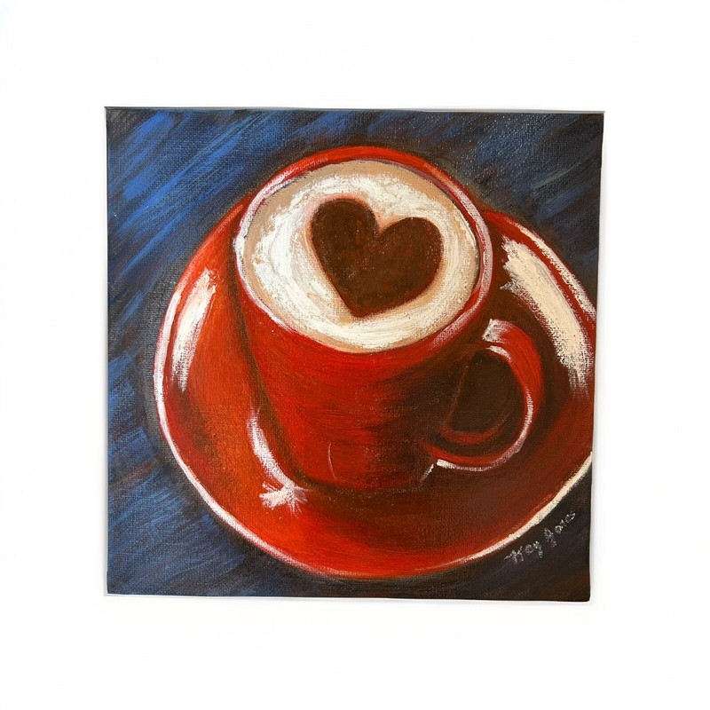 Red Coffee Cup Acrylic Painting, 8X8 From A Tutorial. No Frame Art Decor Hearts.