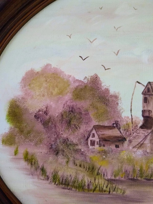 M Miller Signed Acrylic Painting Windmill Country Lake Scene 17"x 14" Oval Frame gallery