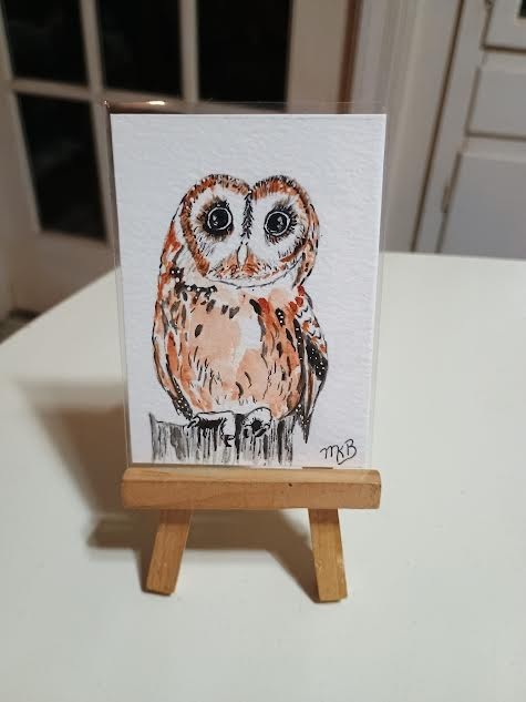 ACEO Original Northern Spotted Owl Watercolor Painting by Artist Marykay Bond