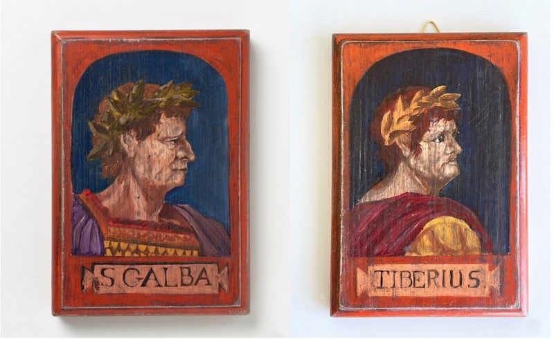 Grand Tour Pair of OIl on Wood Profile Portraits Representing Two Roman Emperors