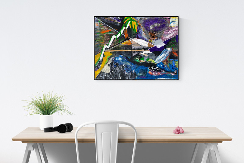 IT’S A FISH’S LIFE 2 – Green Purple Blue Waterskiing Collage Painting – Original