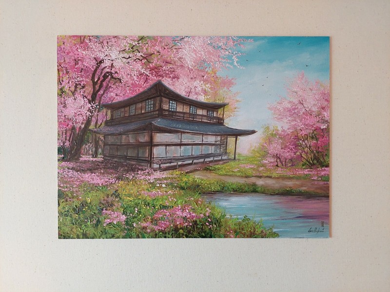 Japanese morning Cherry tree oil painting. Blossoming sakura art. Japan house