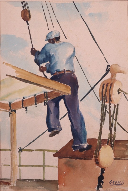 Original G. Rossi Watercolor Painting of Boat Worker, Vintage Maritime Art