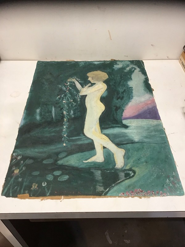 Antique Oil Painting On Canvas Nude Woman Admiring Flowers Signed Mortimer