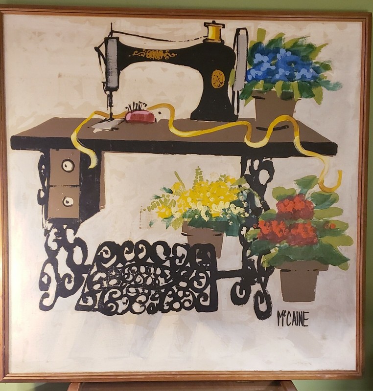 Mid Century Modern Robert McCaine 36×36 Sewing Machine Painting on Canvas Framed