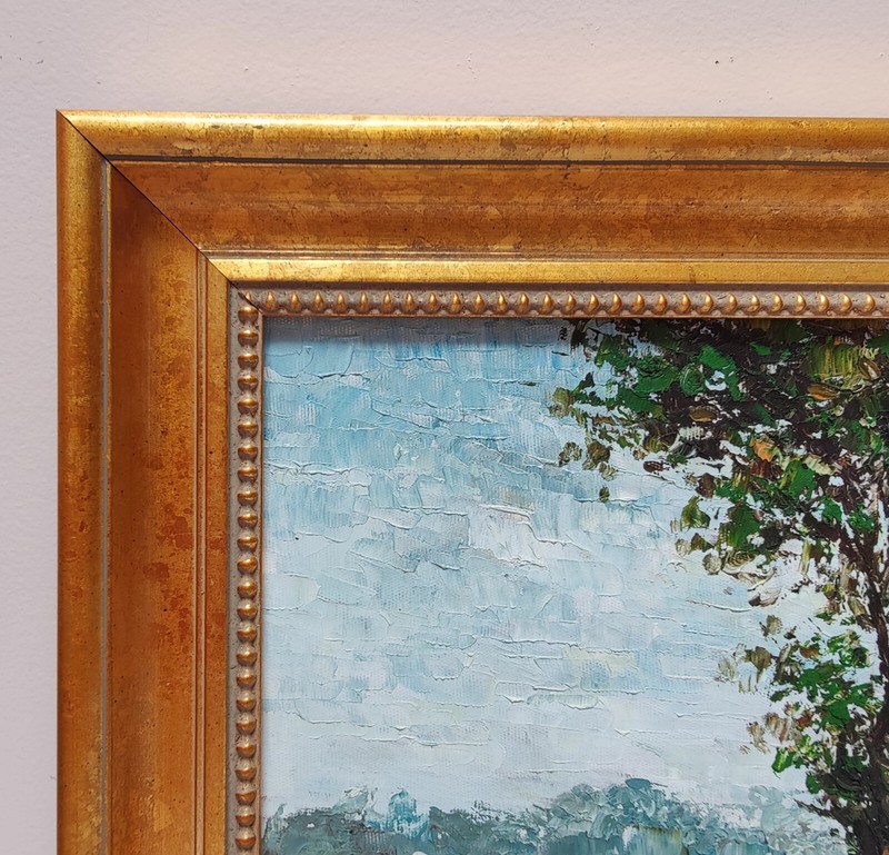 Impressionist Landscape Lakeside Villanova Vintage Oil Painting Framed 14"x16" gallery