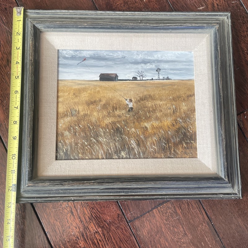 Original Oil Painting By Carol Nies Bilder Wood Frame 15”x13” Farm boy W/ Kite gallery