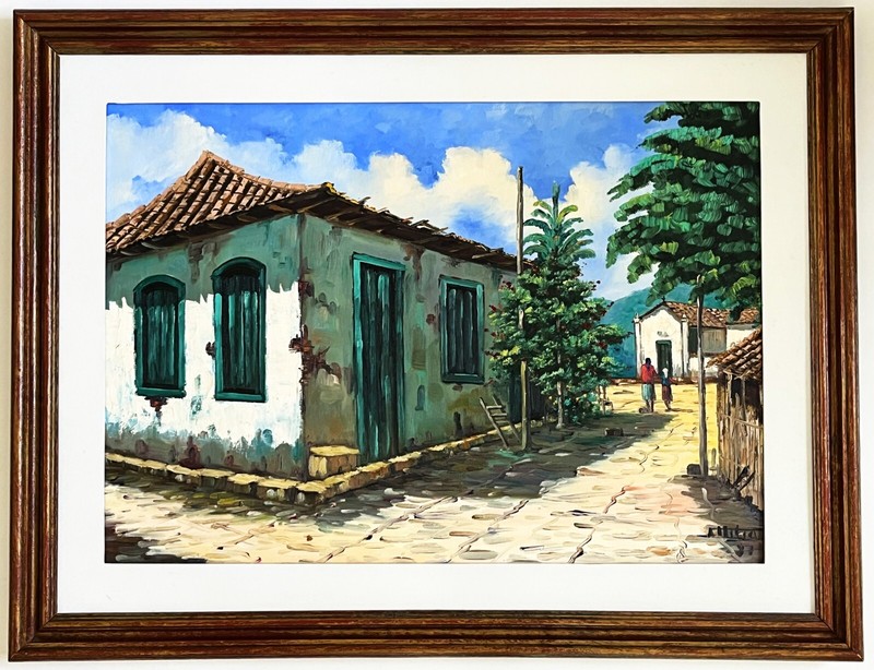 MEXICAN CENTRAL AMERICAN LANDSCAPE PUEBLO RURAL SCENE FRAMED PAINTING 26 x 34"