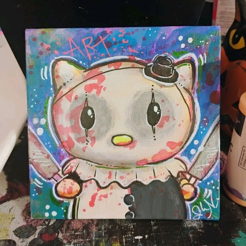 Original Hand-Painted Hello Kitty Art the Clown Acrylic Canvas Painting