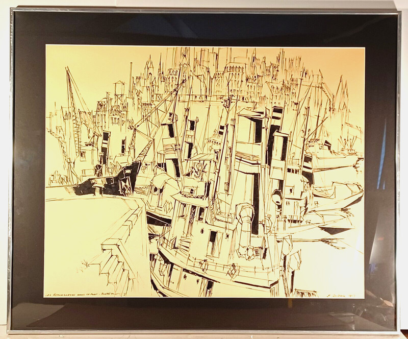 MCM B. LECLERCQ Sd PEN & INK ORIG MONTREAL PORT KULICKE WELDED ALUMINUM FRAME