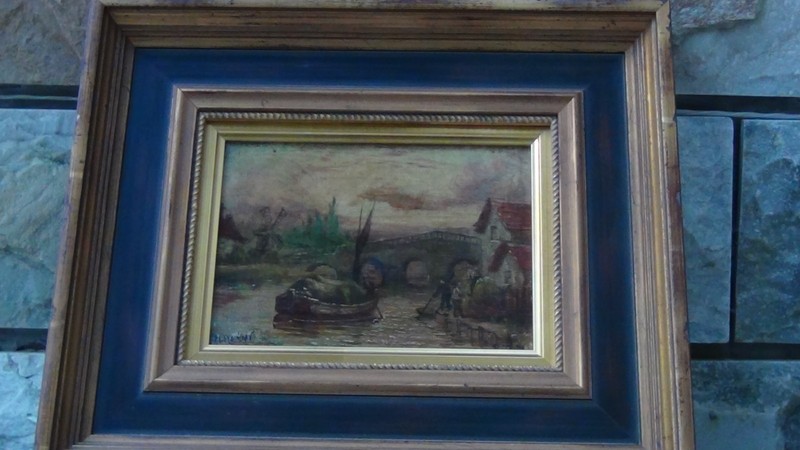 ANTIQUE18c- 19c OLD MASTER ORIGINAL OIL PAINTING OF VILLAGE SCENE W/SHIP,BRIDGE