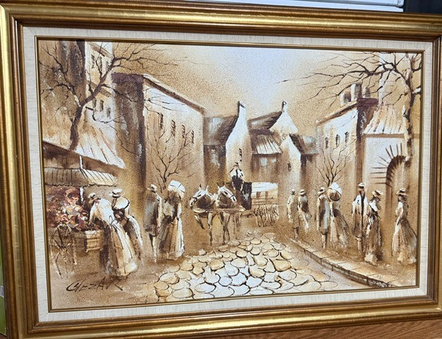 Vintage Boris Chezar (1913-2008) Signed Sand & Oil Painting on Canvas 41"Lx29"H gallery