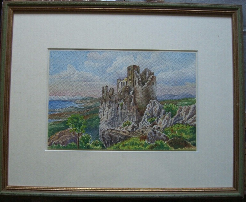 ::V.SORELLI AQUARELL BURG RUINE GEBIRGE BERG SCHLOSS FELSEN MITTELALTER RAU SIGN