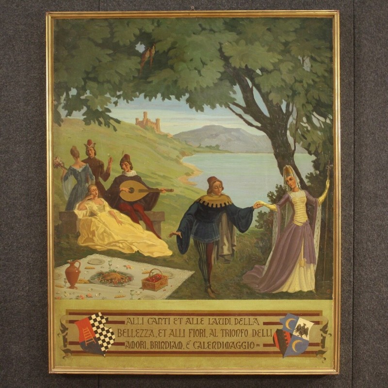 Dated painting framework landscape oil on masonite characters antique style 900 gallery