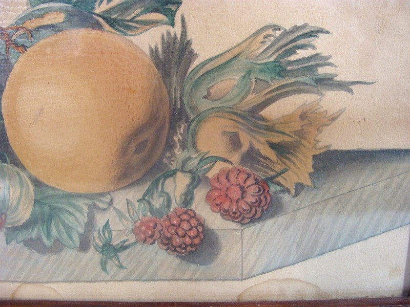 Antique 1840's Folk Art Theorem Basket of Fruit Butterfly W/C Painting gallery