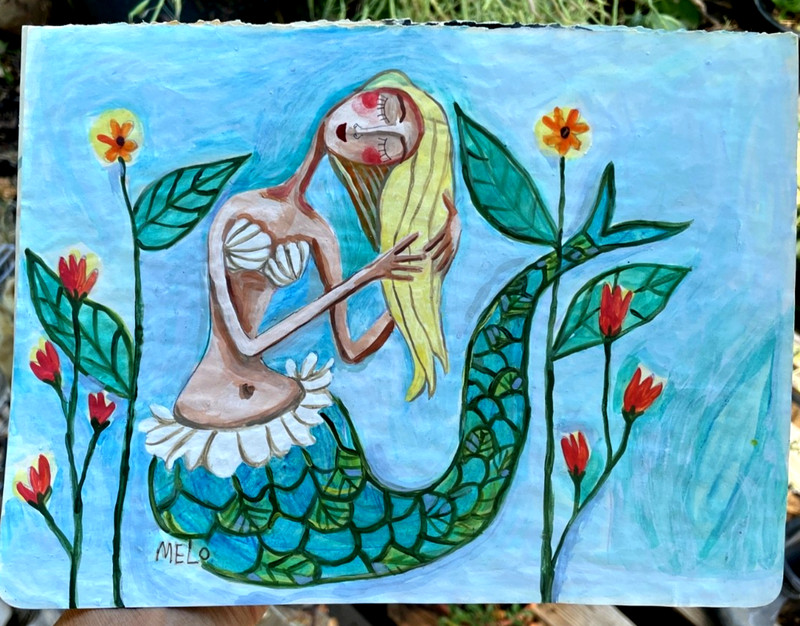 MERMAID Siren Fish Fishing FANTASY ooak Woman Collectible Painting FOLK ART Melo