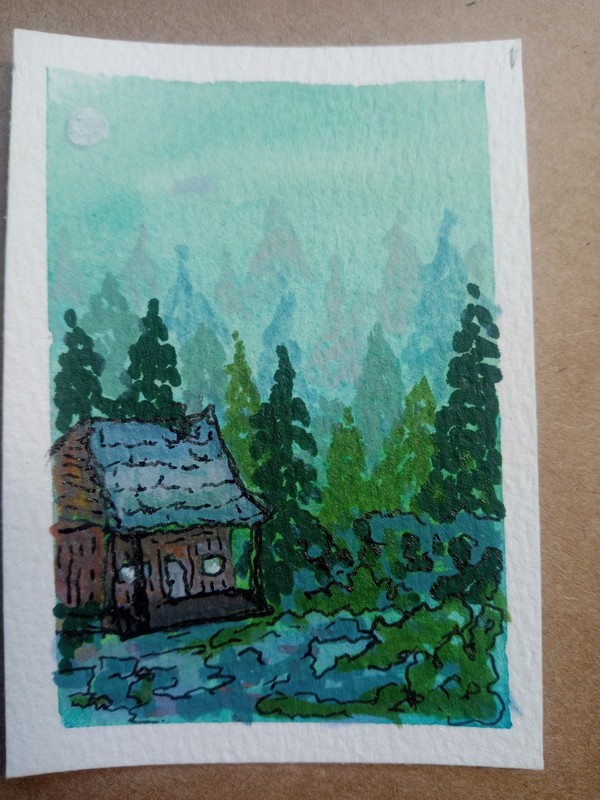 ACEO ATC Cabin in the woods acrylic painting new 3.5″ x 2.5″ myfancy