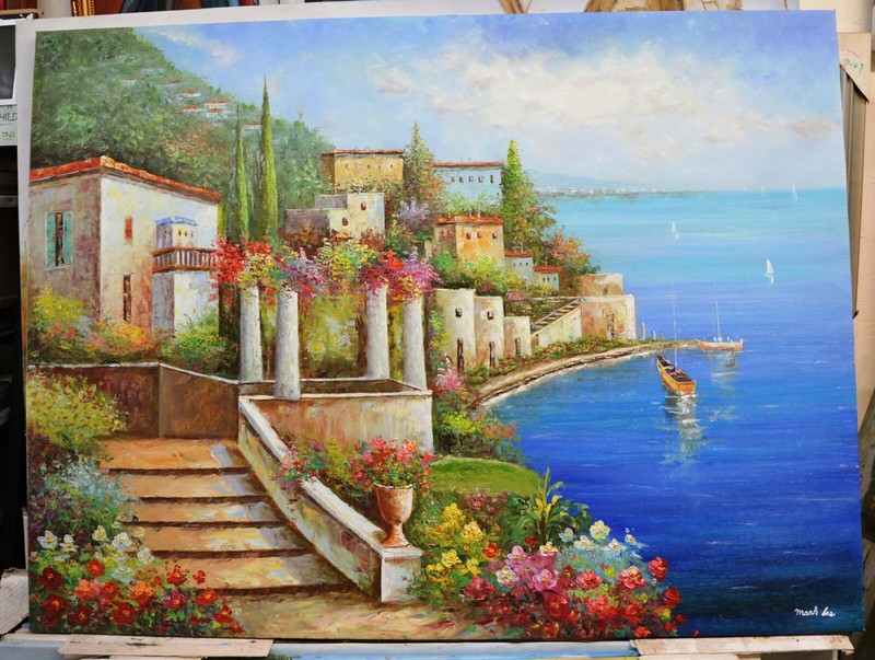 MEDITERRANEAN VILLA SHIP HARBOR VIEW 48″ HAND PAINT OIL PAINTING DECO ART 1031