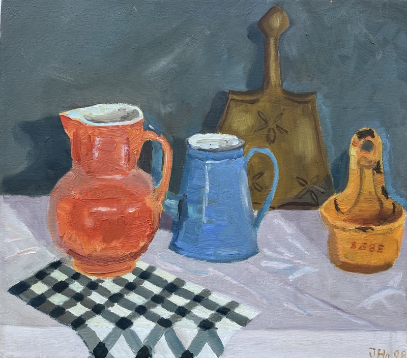 Oil Painting Modern Still Life With Vessels Milk Jug Blue Coffee Pot