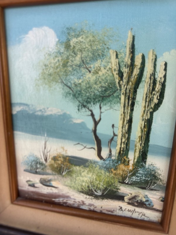 Vintage Canvas Desert Landscape Painting Picture Signed Joshua Tree Cactus gallery