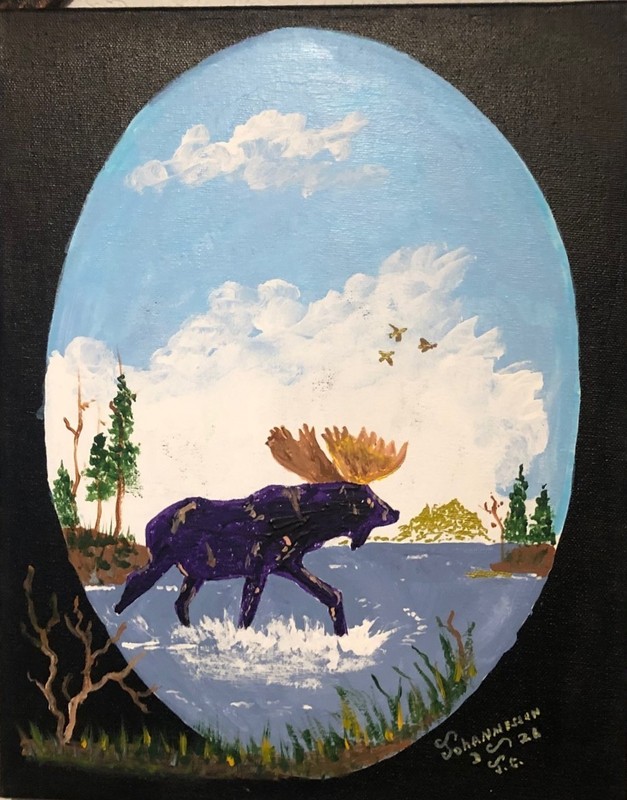 11 x 14 Acrylic painting on canvas of a Moose making a splash crossing the lake