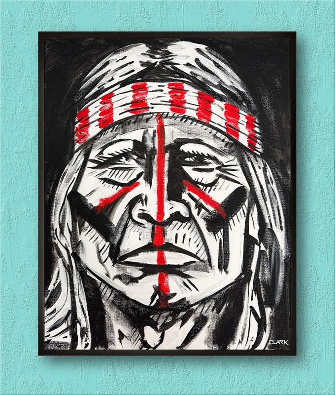 Powerful Native American Warrior – 20×16″ Acrylic Painting on Stretched Canvas