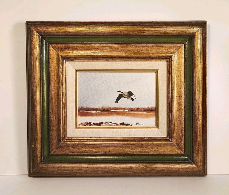 Original 5″x 7″Oil Painting Canada Goose Flying Over a Marshy Landscape Signed
