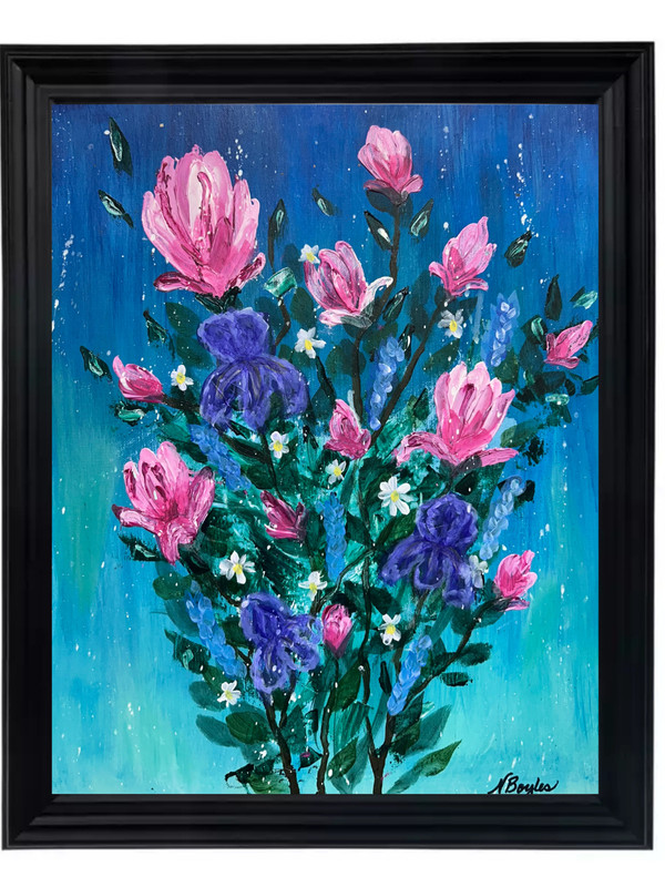 One of a kind acrylic painting abstract flower bouquet 16 x 20 signed canvas