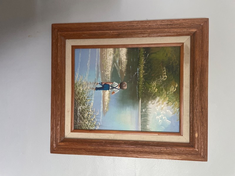 C.MANUEL SIGNED LANDSCAPE OIL PAINTING OF BOY FISHING IN THE RIVER