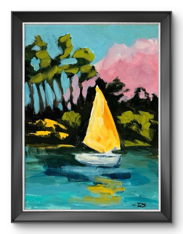 R Stevens Original Yellow Sailboat Landscape 9×12 Modern Impressionist Lake