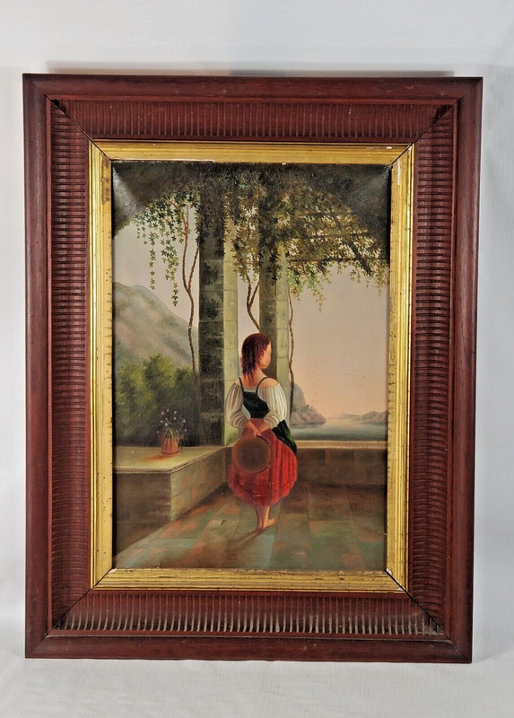 Girl and Tambourine Oil Painting o/c antique courtyard Villa gypsy woman 27 x 21