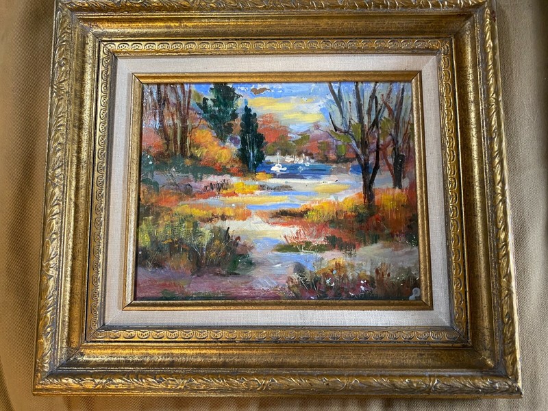 John Reilly (1942 – 2021) «Landscape With Pond Scene» Oil Painting – Framed