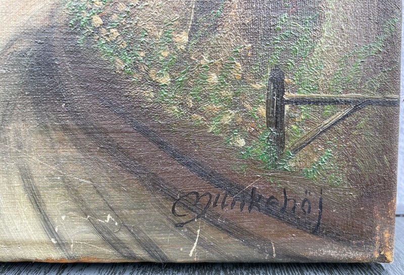UNKNOWN PAINTER VILLAGE ROAD WITH COUNTRY HOUSES DECIDUOUS TREES OIL PAINTINGS CIRCA 1920 gallery
