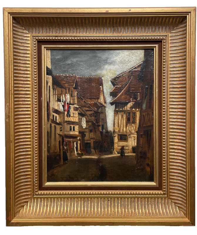 19th CENTURY BONINGTON FOLLOWER – MYSTERIOUS NORMAN VILLAGE ANTIQUE OIL PAINTING