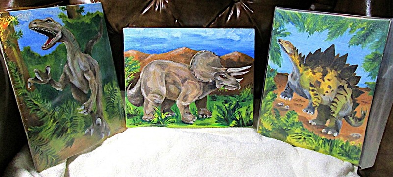 3 ORIGINAL Dinosaur Paintings B. Horton THERIZINOSAURUS TRICERATOPS STEGOSAURUS