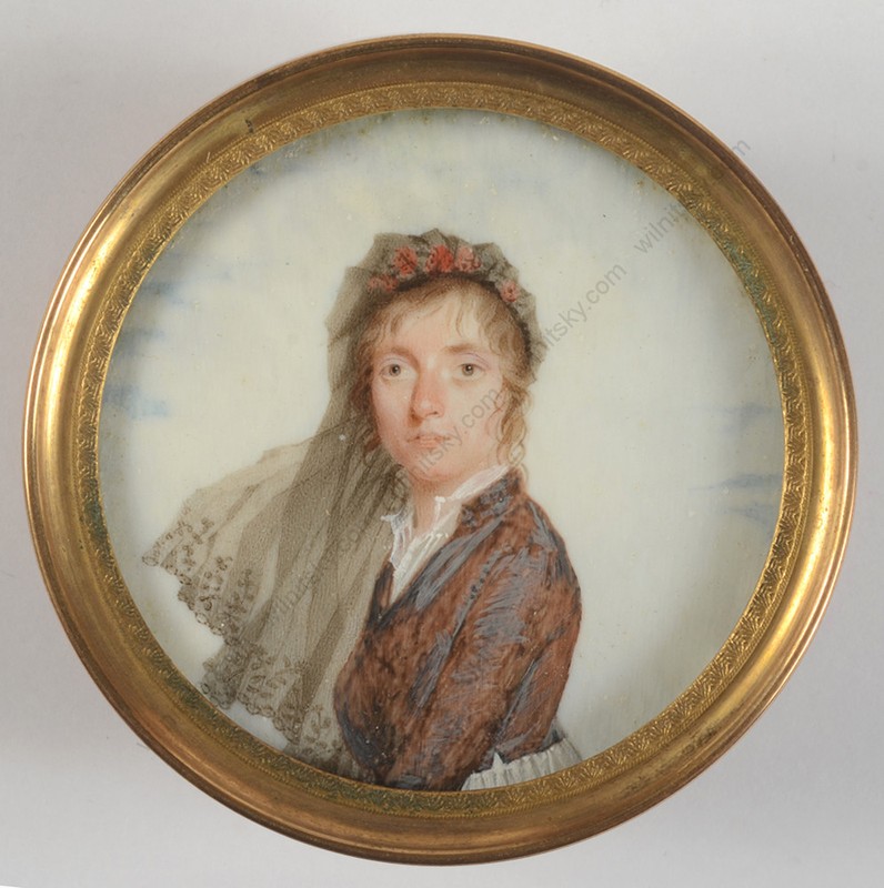 De Vigneux (pupil of Isabey) «Lady in violet costume», fine miniature, ca. 1800