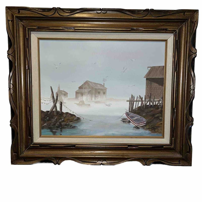 Original Oil Painting Nautical Seaside Boats Birds Houses Foggy Shoreline Signed