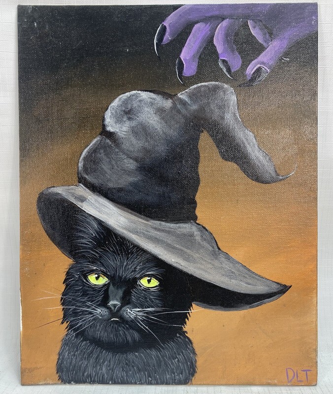 AWESOME HALLOWEEN Painting Black Cat & Witch Hand 11″ x 14 1/2″ Signed