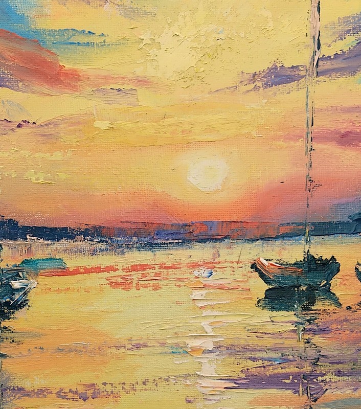 Seascape sunset oil painting 10x12" handmade orange blue sky sailboats Reflect gallery