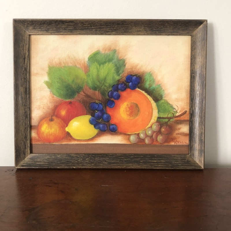 Framed still-life oil painting on canvas board of fruit, signed «Hanson» 9″x12″