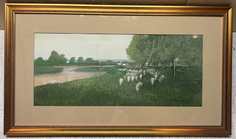 Vintage HARLAND P BUCKLAND Sheep in a River Meadow NEW YORK Landscape Painting