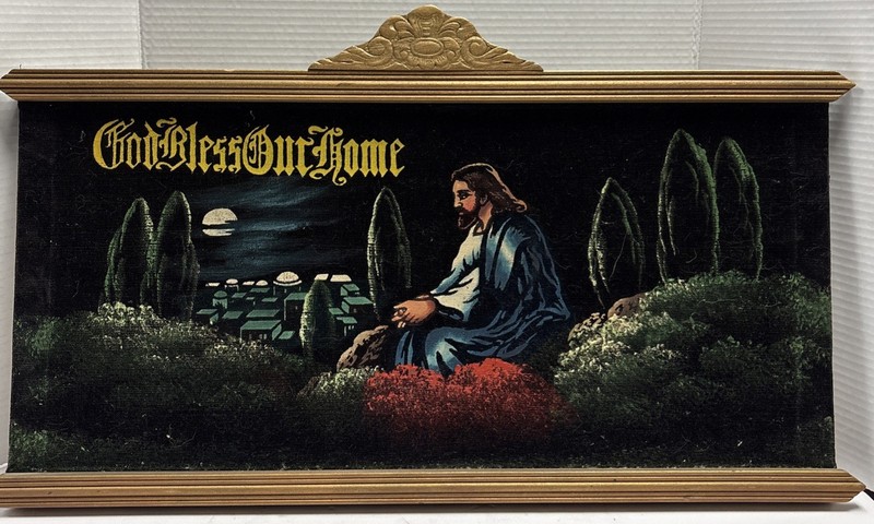 Jesus Christ Praying Black Velvet Painting Religious Folk Art Vtg Framed 24”x12”