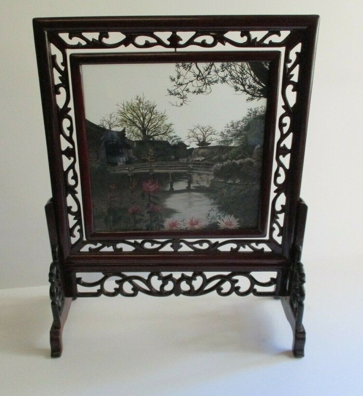 INCREDIBLE DOUBLE SIDED FINE CHINESE SCHOLAR NEEDLEPOINT STICH ART LANDSCAPE OLD